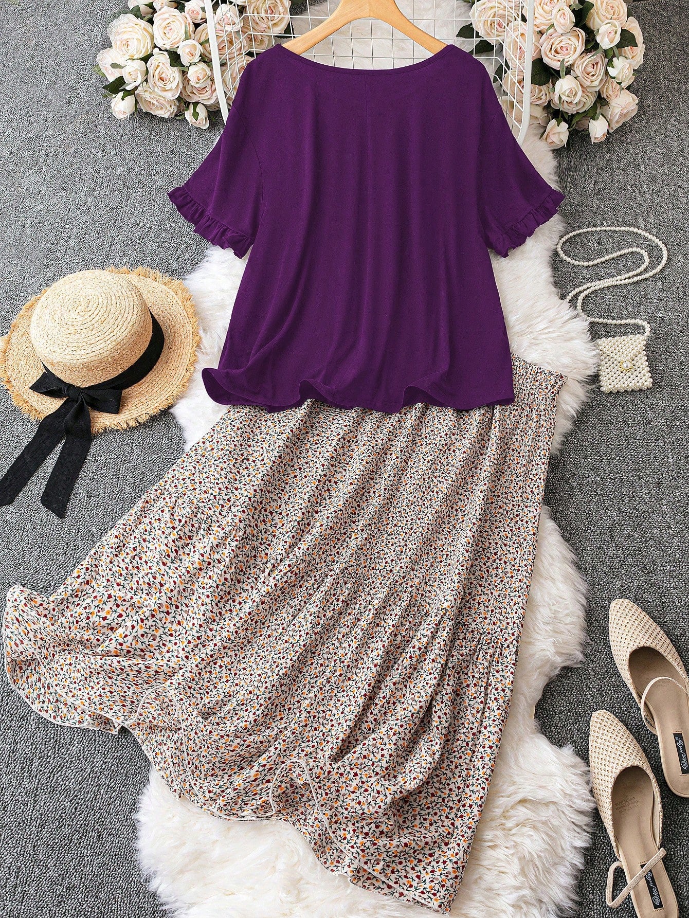Conjunto Blusa Com Babados E Saia Midi Estampada Plus Size