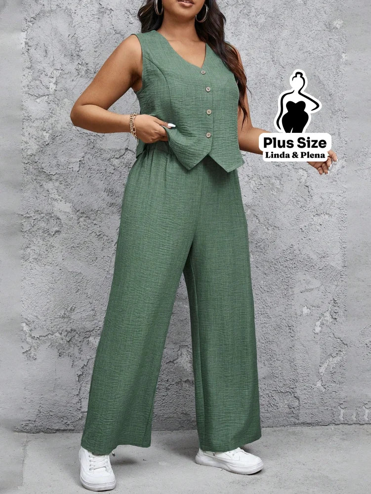 Conjunto Alfaiataria com Colete e Calça Solta Plus Size Conjunto Alfaiataria com Colete e Calça Solta Plus Size