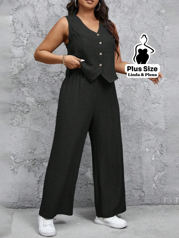 Conjunto Alfaiataria com Colete e Calça Solta Plus Size Conjunto Alfaiataria com Colete e Calça Solta Plus Size