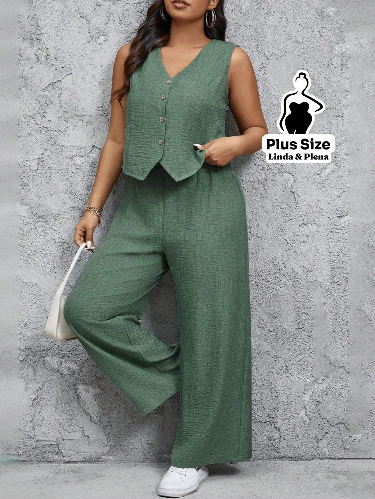 Conjunto Alfaiataria com Colete e Calça Solta Plus Size Conjunto Alfaiataria com Colete e Calça Solta Plus Size
