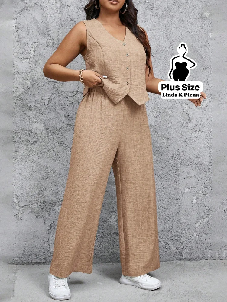 Conjunto Alfaiataria com Colete e Calça Solta Plus Size Conjunto Alfaiataria com Colete e Calça Solta Plus Size