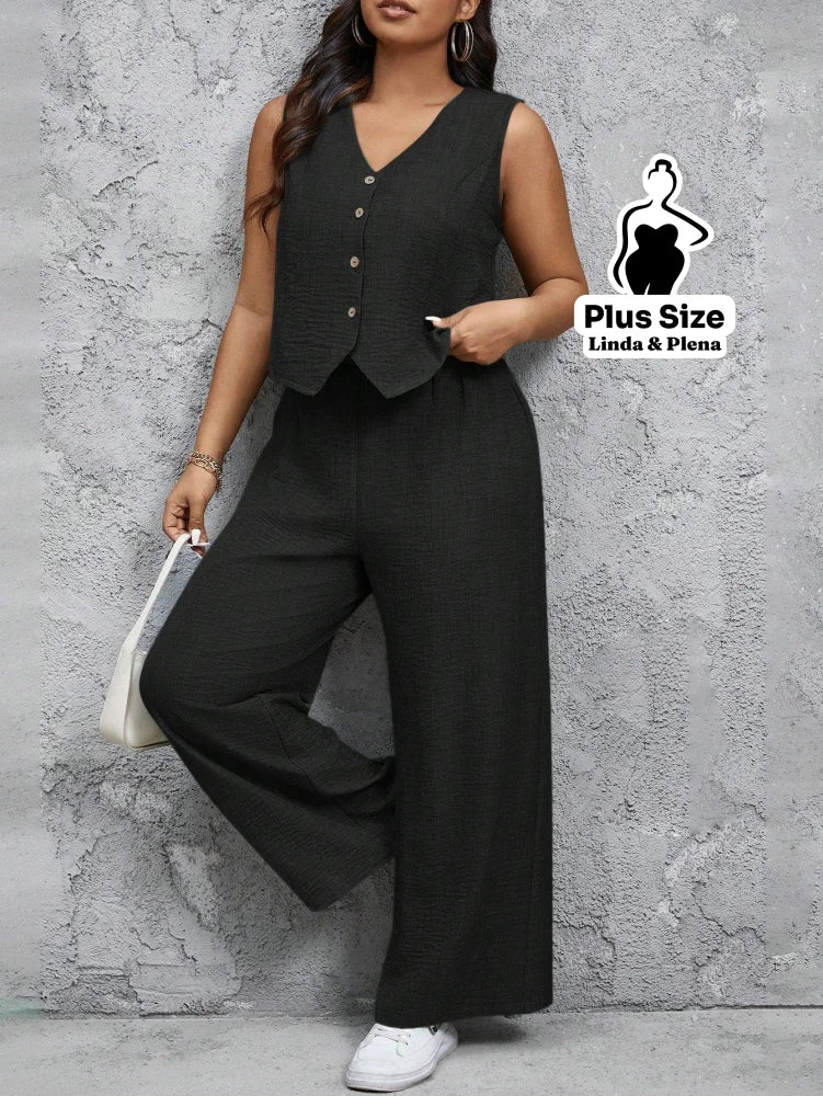 Conjunto Alfaiataria com Colete e Calça Solta Plus Size Conjunto Alfaiataria com Colete e Calça Solta Plus Size