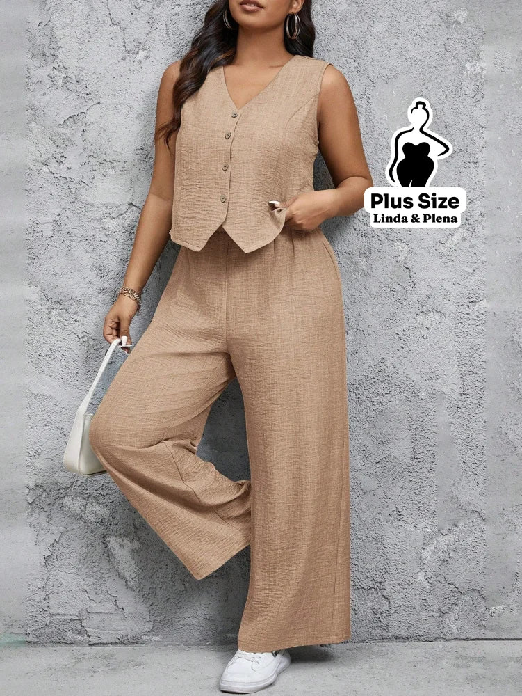 Conjunto Alfaiataria com Colete e Calça Solta Plus Size Conjunto Alfaiataria com Colete e Calça Solta Plus Size