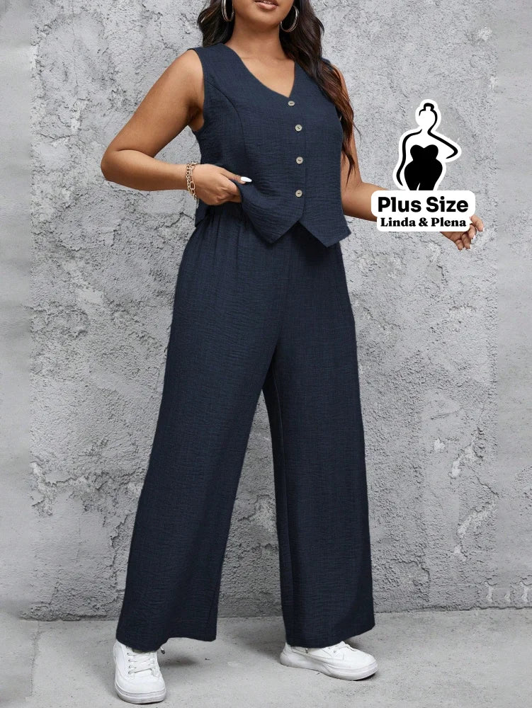 Conjunto Alfaiataria com Colete e Calça Solta Plus Size Conjunto Alfaiataria com Colete e Calça Solta Plus Size