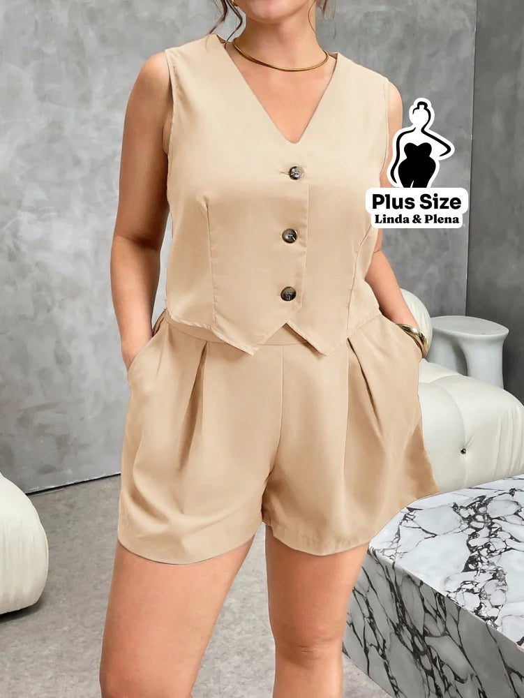 Conjunto Alfaiataria Regata Com Botões E Short Plus Size Conjunto Alfaiataria Regata Com Botões E Short Plus Size