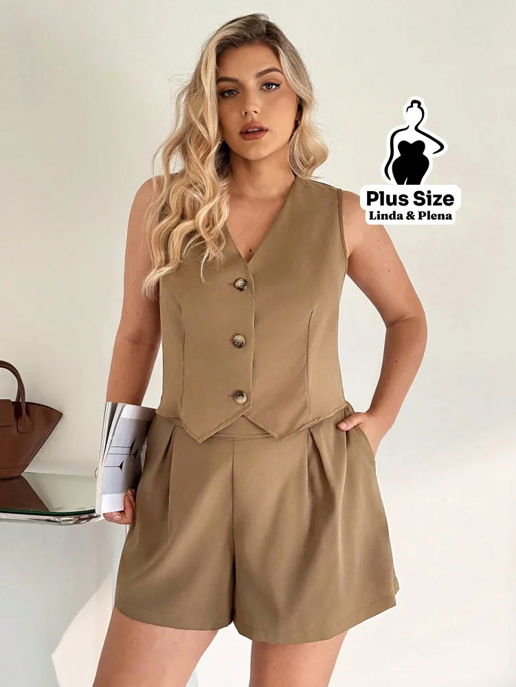 Conjunto Alfaiataria Regata Com Botões E Short Plus Size Conjunto Alfaiataria Regata Com Botões E Short Plus Size
