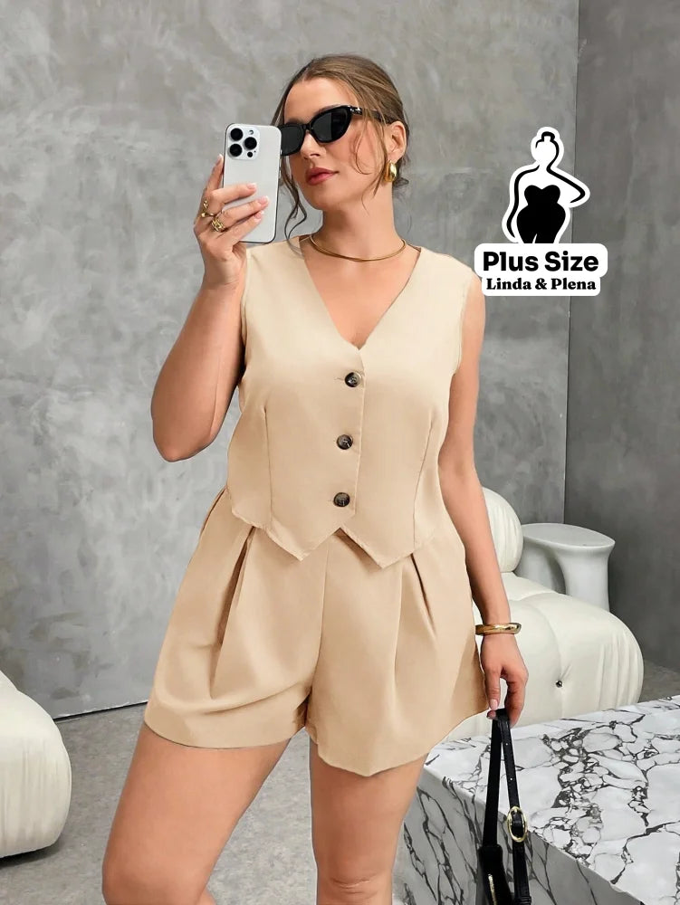 Conjunto Alfaiataria Regata Com Botões E Short Plus Size Conjunto Alfaiataria Regata Com Botões E Short Plus Size
