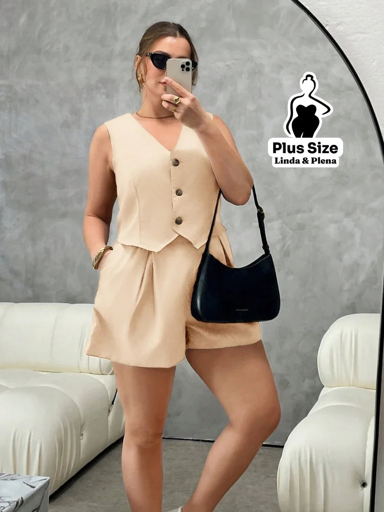 Conjunto Alfaiataria Regata Com Botões E Short Plus Size Conjunto Alfaiataria Regata Com Botões E Short Plus Size