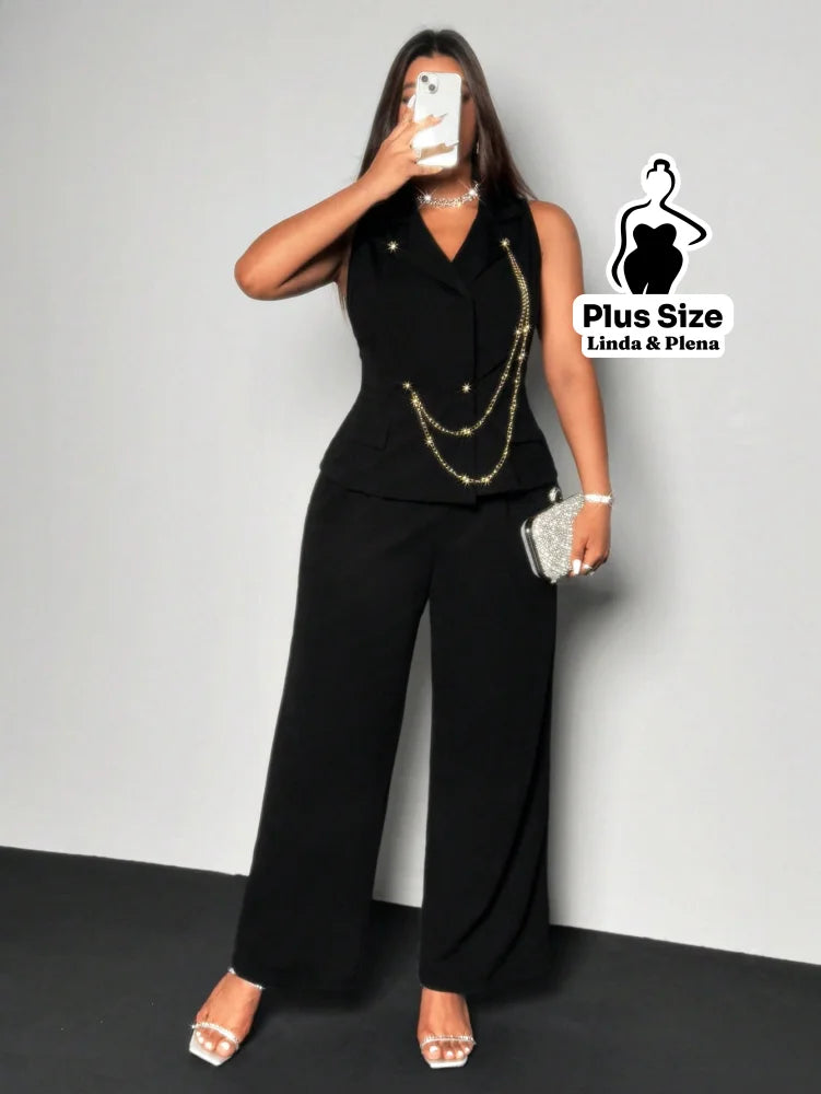 Conjunto Alfaiataria Sem Manga Com Corrente E Calça Plus Size Conjunto Alfaiataria Sem Manga Com Corrente E Calça Plus