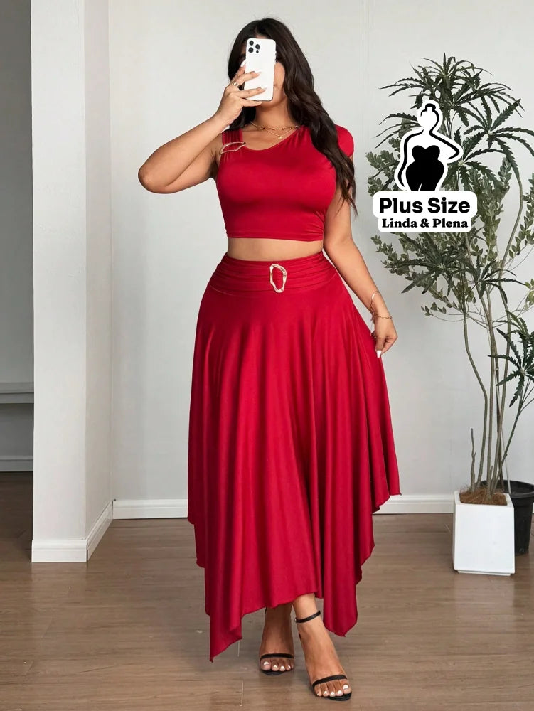 Conjunto Assimétrico Com Fivela E Saia Irregular Plus Size Conjunto Assimétrico Com Fivela E Saia Irregular Plus Size