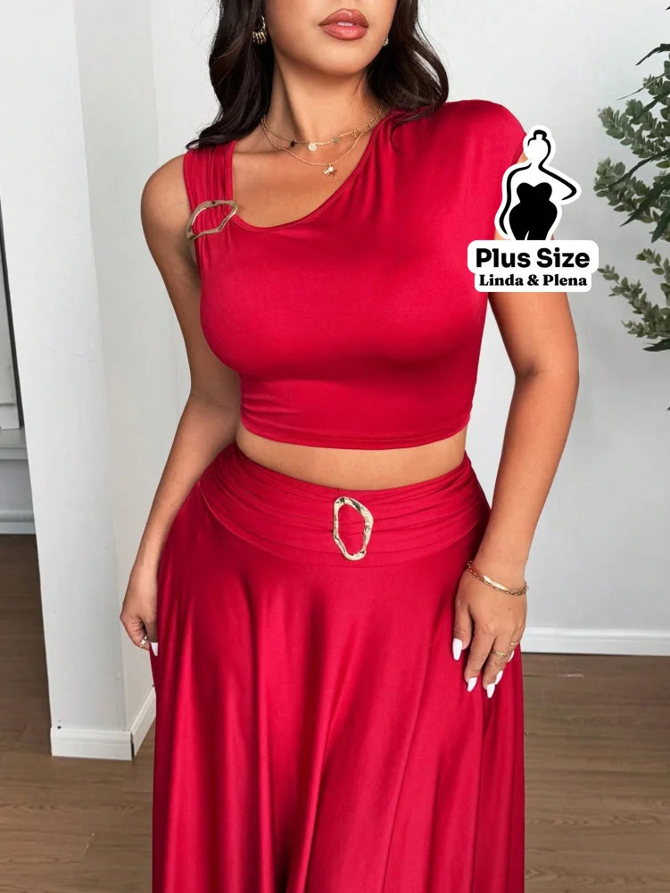 Conjunto Assimétrico Com Fivela E Saia Irregular Plus Size Conjunto Assimétrico Com Fivela E Saia Irregular Plus Size