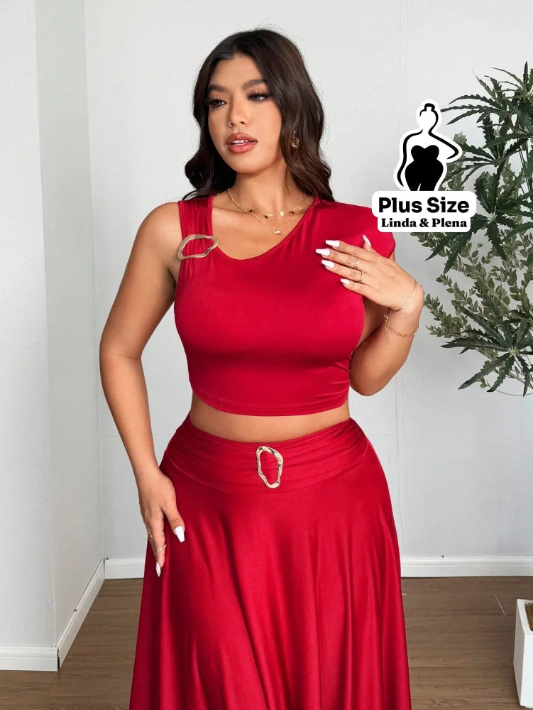 Conjunto Assimétrico Com Fivela E Saia Irregular Plus Size Conjunto Assimétrico Com Fivela E Saia Irregular Plus Size