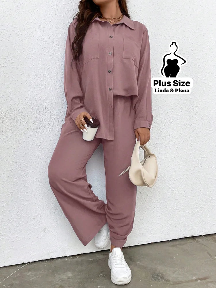 Conjunto Azul Camisa Aberta e Calça de Amarração Plus Size Conjunto Azul Camisa Aberta e Calça de Amarração Plus Size