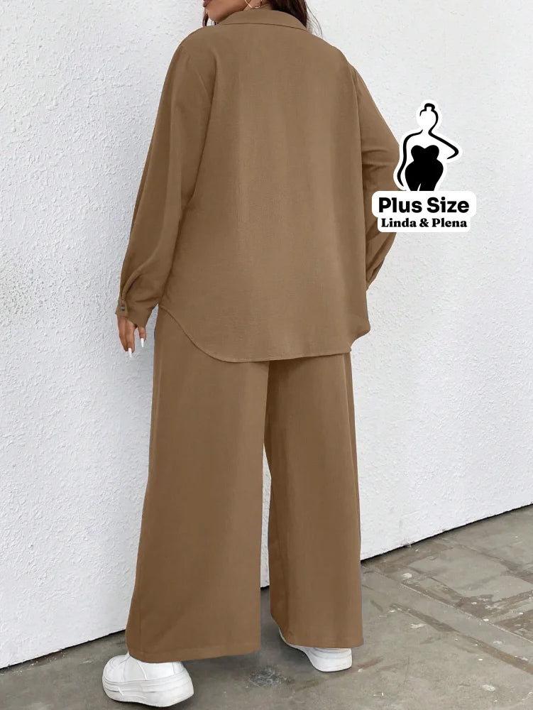 Conjunto Azul Camisa Aberta e Calça de Amarração Plus Size Conjunto Azul Camisa Aberta e Calça de Amarração Plus Size