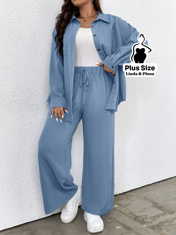 Conjunto Azul Camisa Aberta e Calça de Amarração Plus Size Conjunto Azul Camisa Aberta e Calça de Amarração Plus Size