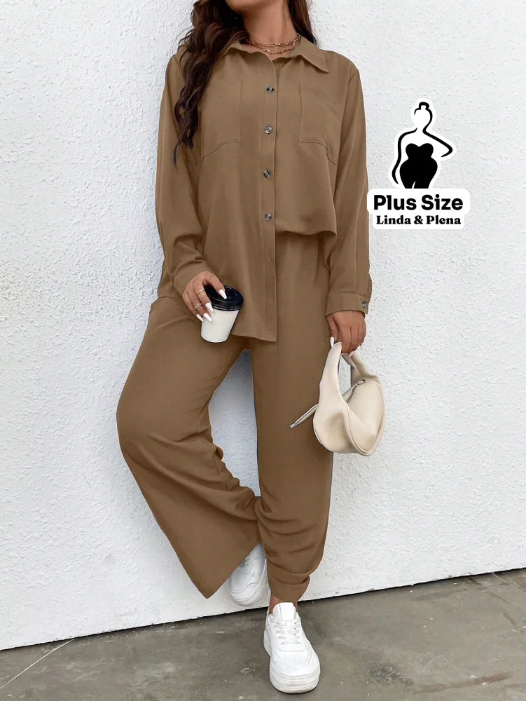 Conjunto Azul Camisa Aberta e Calça de Amarração Plus Size Conjunto Azul Camisa Aberta e Calça de Amarração Plus Size