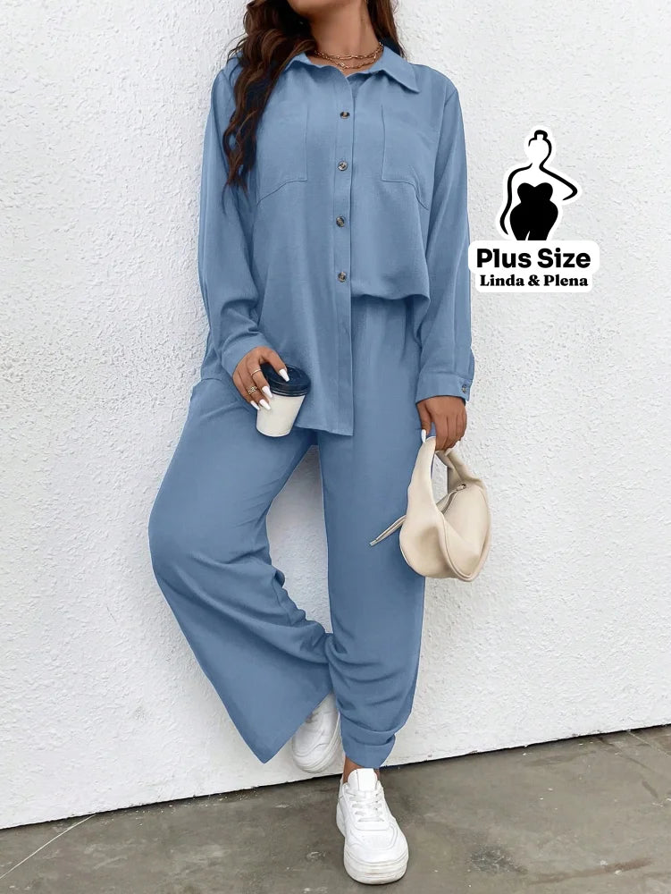Conjunto Azul Camisa Aberta e Calça de Amarração Plus Size Conjunto Azul Camisa Aberta e Calça de Amarração Plus Size