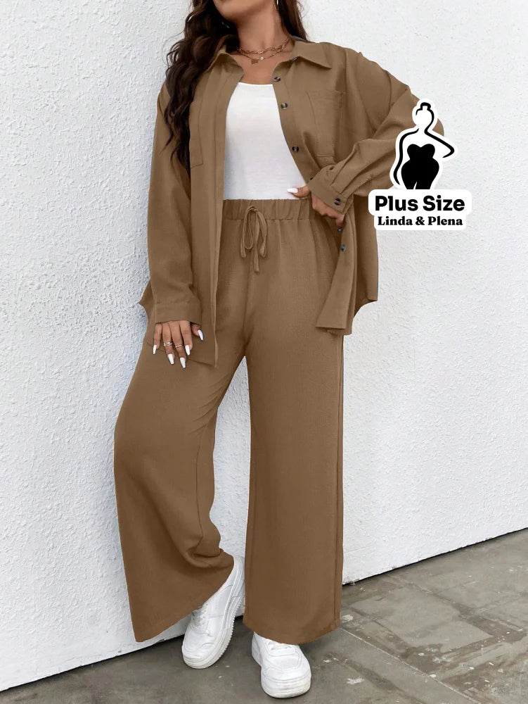 Conjunto Azul Camisa Aberta e Calça de Amarração Plus Size Conjunto Azul Camisa Aberta e Calça de Amarração Plus Size