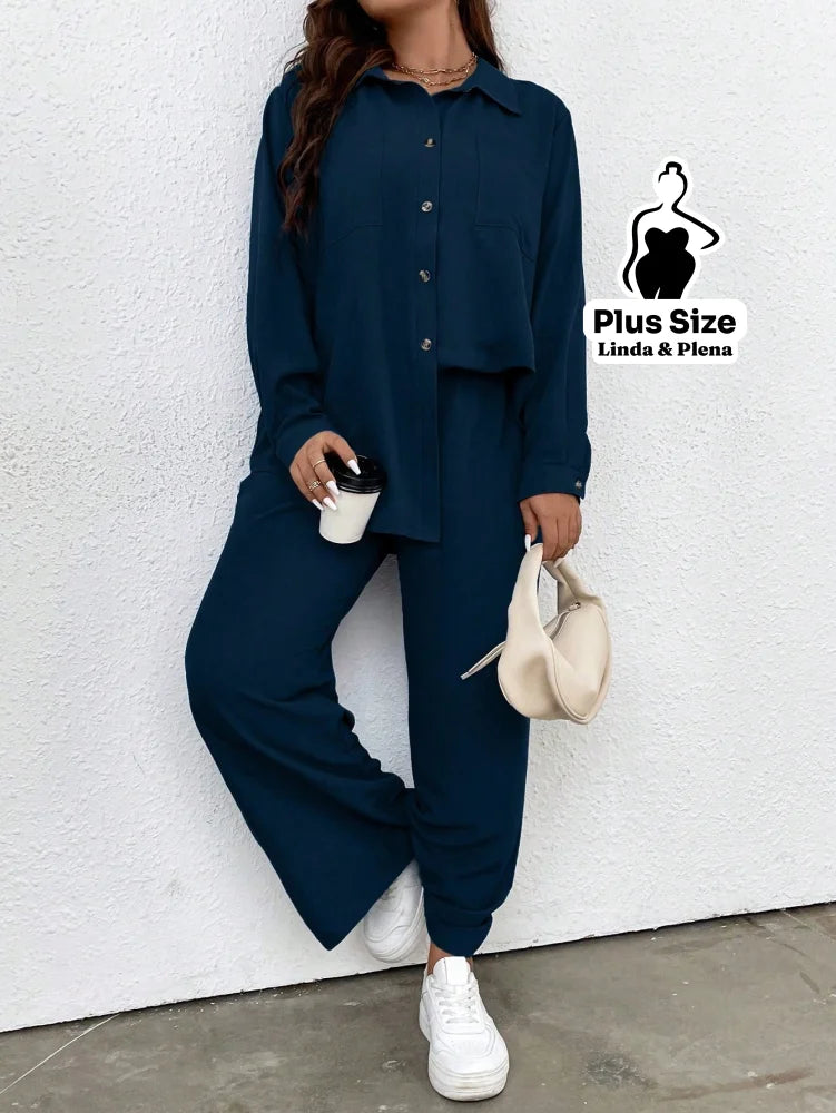 Conjunto Azul Camisa Aberta e Calça de Amarração Plus Size Conjunto Azul Camisa Aberta e Calça de Amarração Plus Size