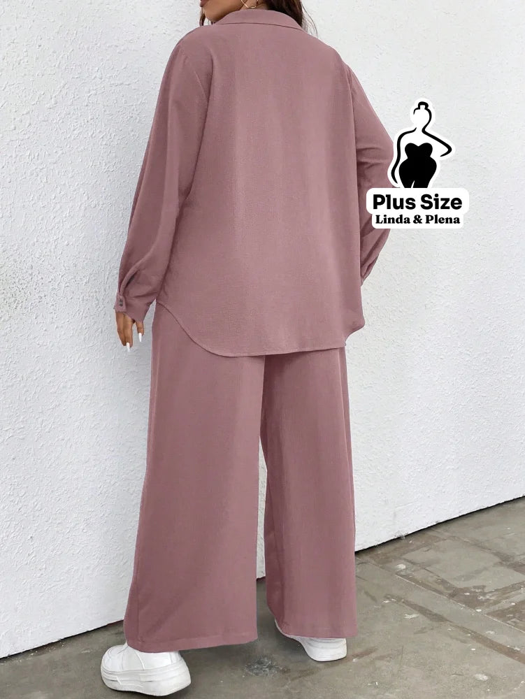 Conjunto Azul Camisa Aberta e Calça de Amarração Plus Size Conjunto Azul Camisa Aberta e Calça de Amarração Plus Size
