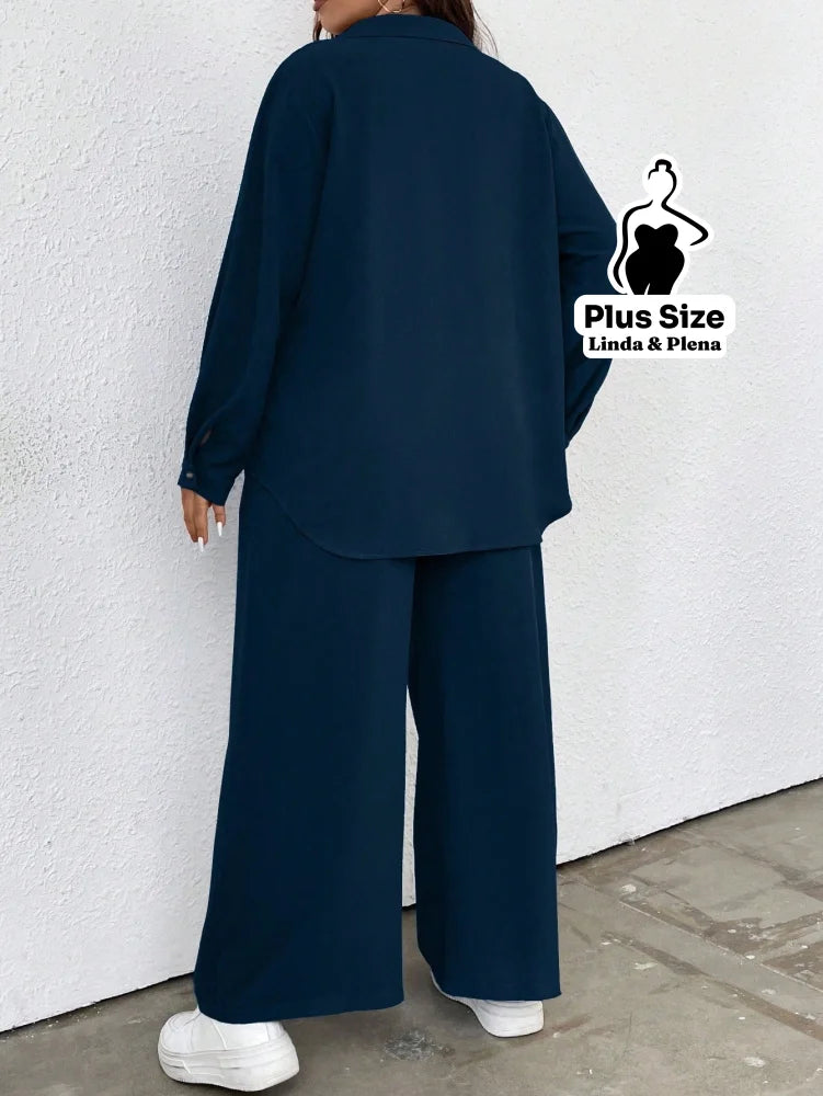 Conjunto Azul Camisa Aberta e Calça de Amarração Plus Size Conjunto Azul Camisa Aberta e Calça de Amarração Plus Size