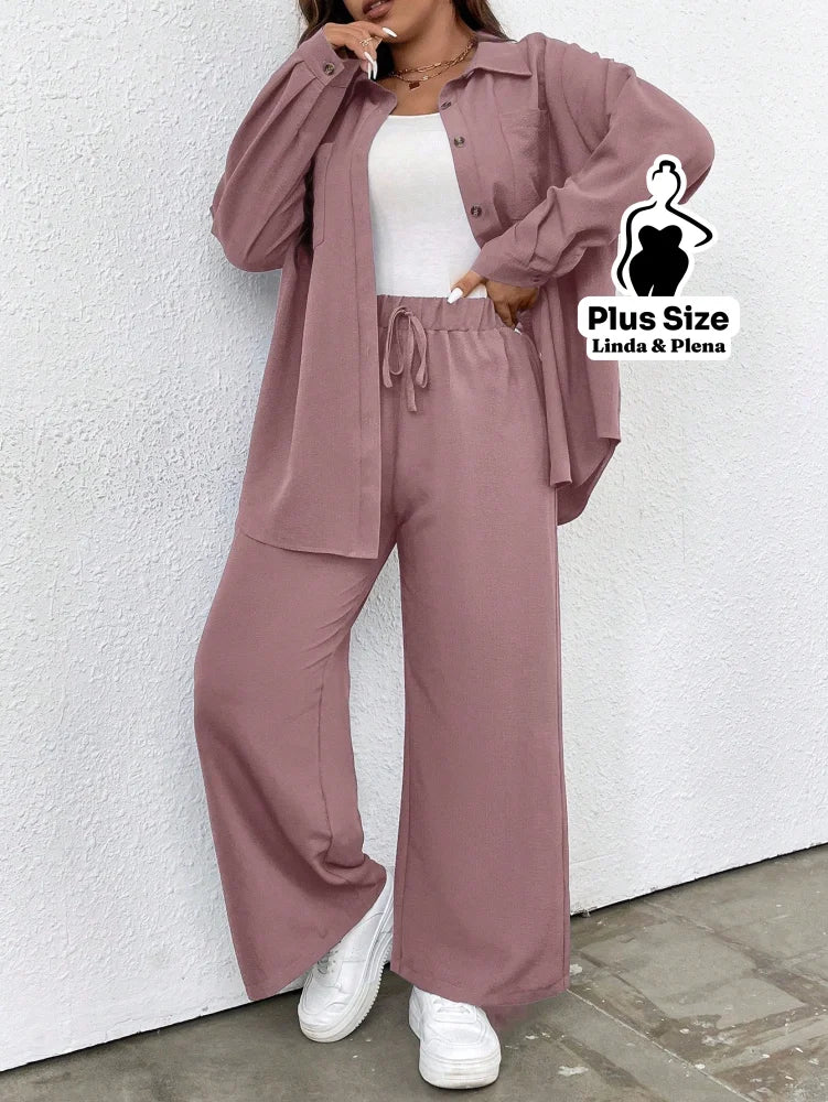 Conjunto Azul Camisa Aberta e Calça de Amarração Plus Size Conjunto Azul Camisa Aberta e Calça de Amarração Plus Size