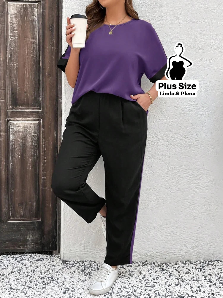 Conjunto Bicolor com Blusa Solta e Calça Reta Plus Size Conjunto Bicolor com Blusa Solta e Calça Reta Plus Size