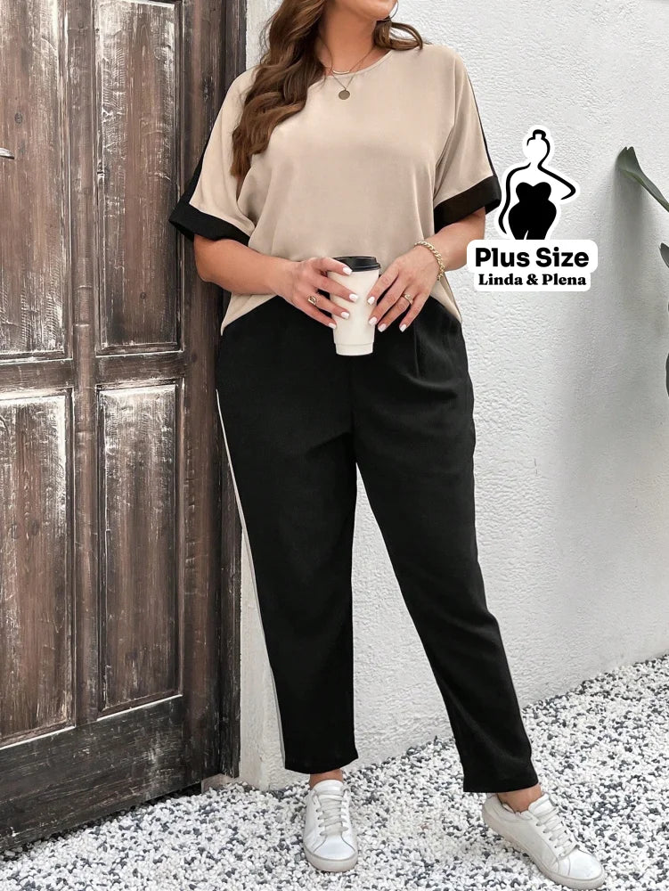 Conjunto Bicolor com Blusa Solta e Calça Reta Plus Size Conjunto Bicolor com Blusa Solta e Calça Reta Plus Size