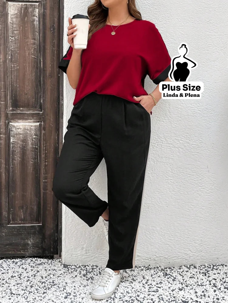 Conjunto Bicolor com Blusa Solta e Calça Reta Plus Size Conjunto Bicolor com Blusa Solta e Calça Reta Plus Size