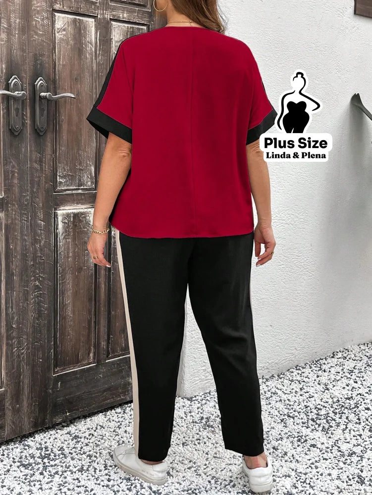 Conjunto Bicolor com Blusa Solta e Calça Reta Plus Size Conjunto Bicolor com Blusa Solta e Calça Reta Plus Size