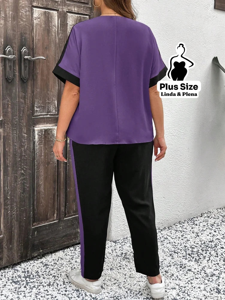 Conjunto Bicolor com Blusa Solta e Calça Reta Plus Size Conjunto Bicolor com Blusa Solta e Calça Reta Plus Size