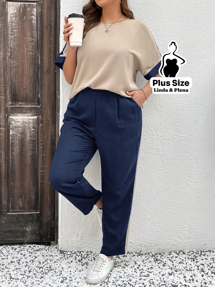 Conjunto Bicolor com Blusa Solta e Calça Reta Plus Size Conjunto Bicolor com Blusa Solta e Calça Reta Plus Size