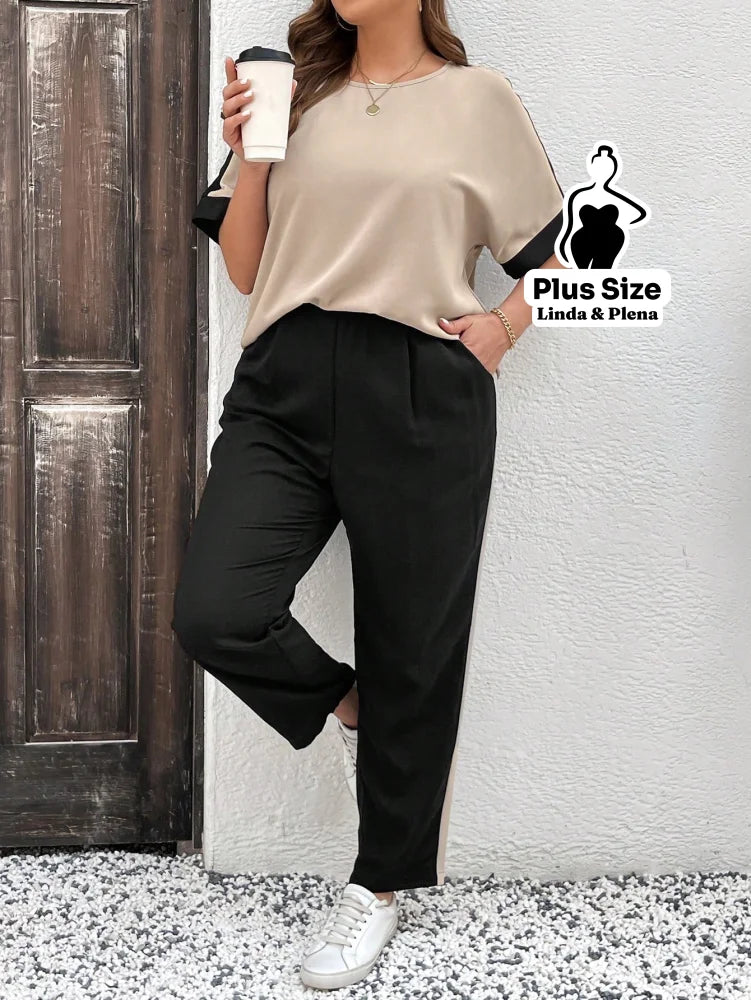 Conjunto Bicolor com Blusa Solta e Calça Reta Plus Size Conjunto Bicolor com Blusa Solta e Calça Reta Plus Size