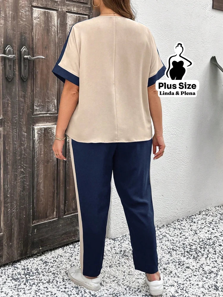 Conjunto Bicolor com Blusa Solta e Calça Reta Plus Size Conjunto Bicolor com Blusa Solta e Calça Reta Plus Size