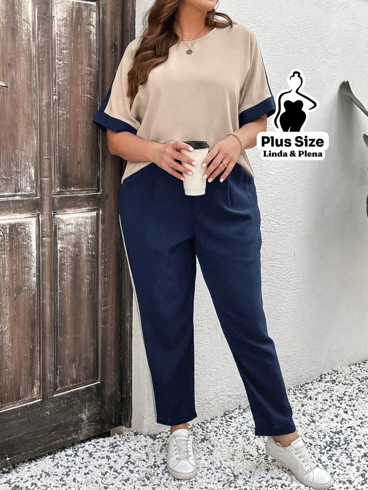 Conjunto Bicolor com Blusa Solta e Calça Reta Plus Size Conjunto Bicolor com Blusa Solta e Calça Reta Plus Size