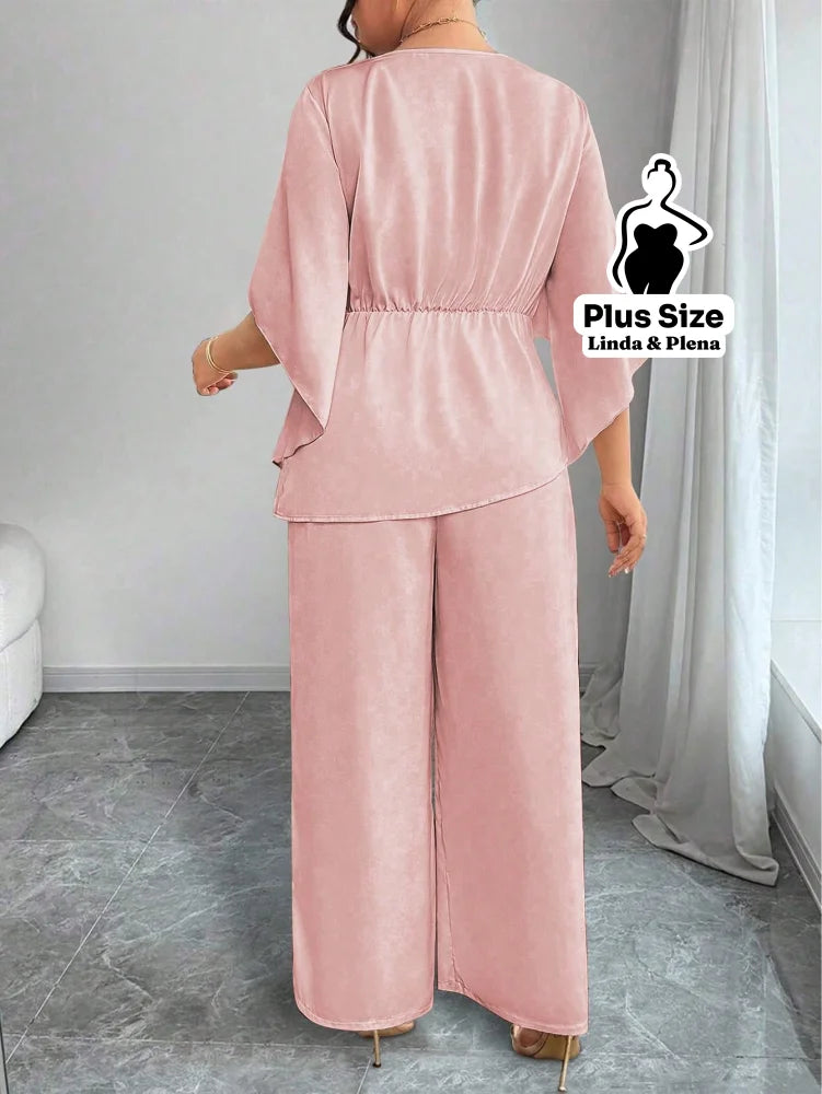 Conjunto Blusa Assimétrica Com Faixa E Calça Solta Plus Size Conjunto Blusa Assimétrica Com Faixa E Calça Solta Plus