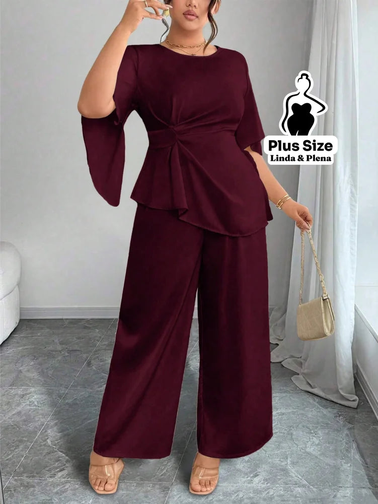 Conjunto Blusa Assimétrica Com Faixa E Calça Solta Plus Size Conjunto Blusa Assimétrica Com Faixa E Calça Solta Plus