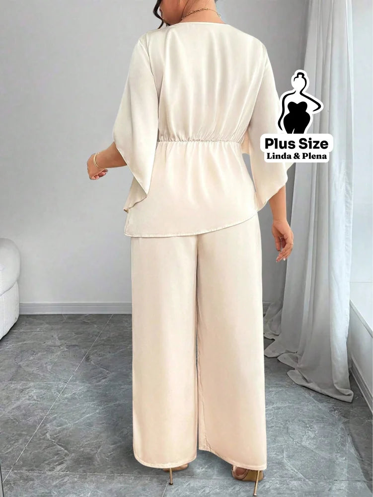 Conjunto Blusa Assimétrica Com Faixa E Calça Solta Plus Size Conjunto Blusa Assimétrica Com Faixa E Calça Solta Plus