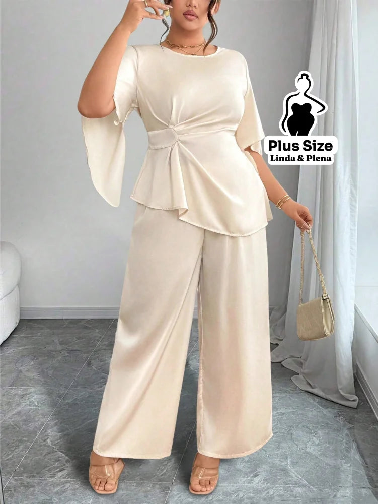 Conjunto Blusa Assimétrica Com Faixa E Calça Solta Plus Size Conjunto Blusa Assimétrica Com Faixa E Calça Solta Plus