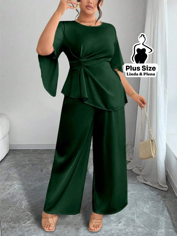 Conjunto Blusa Assimétrica Com Faixa E Calça Solta Plus Size Conjunto Blusa Assimétrica Com Faixa E Calça Solta Plus
