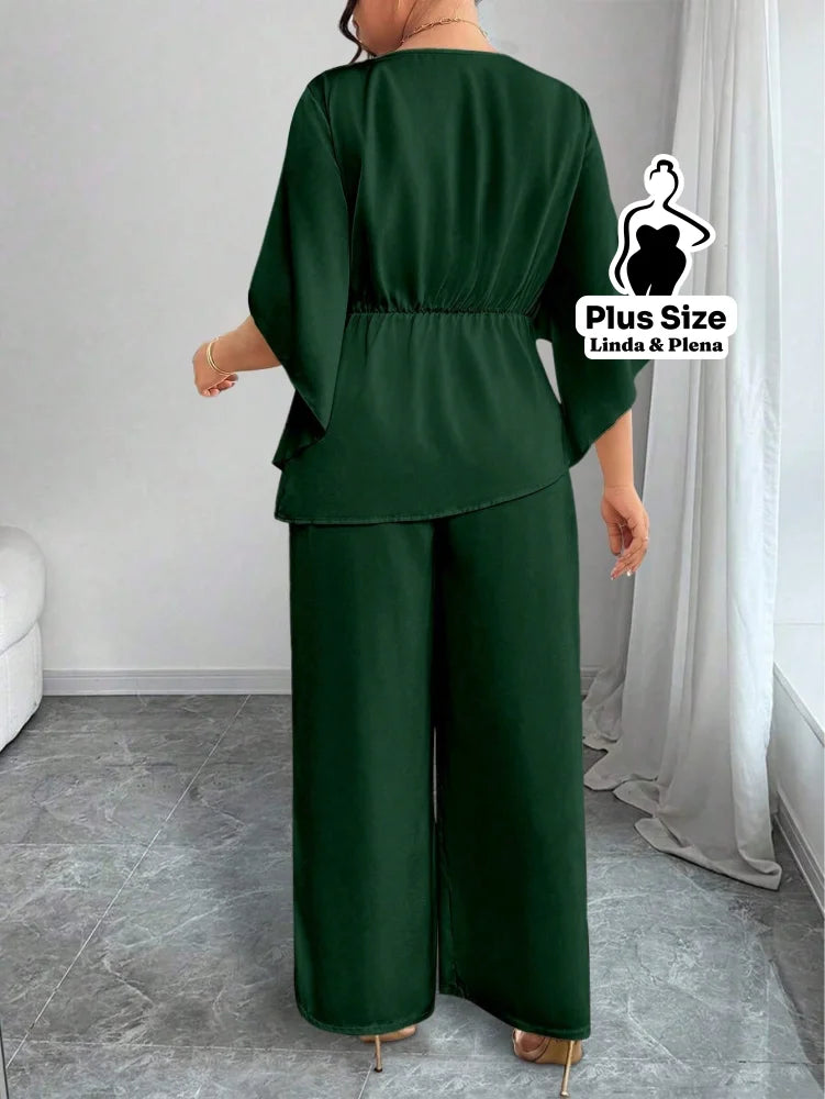 Conjunto Blusa Assimétrica Com Faixa E Calça Solta Plus Size Conjunto Blusa Assimétrica Com Faixa E Calça Solta Plus