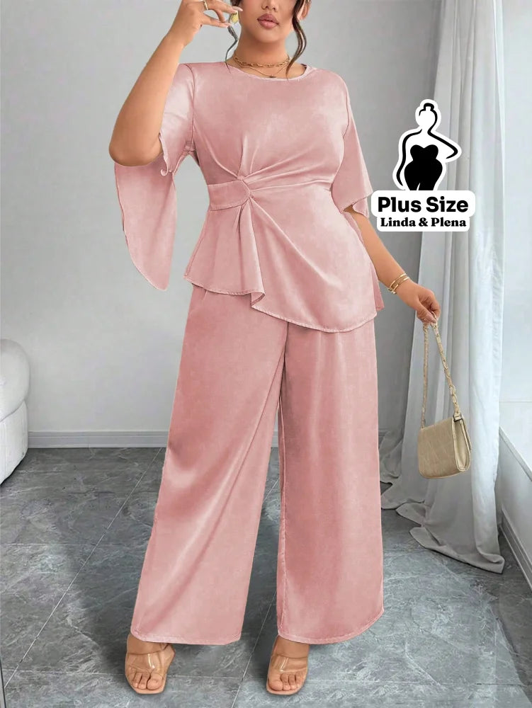 Conjunto Blusa Assimétrica Com Faixa E Calça Solta Plus Size Conjunto Blusa Assimétrica Com Faixa E Calça Solta Plus