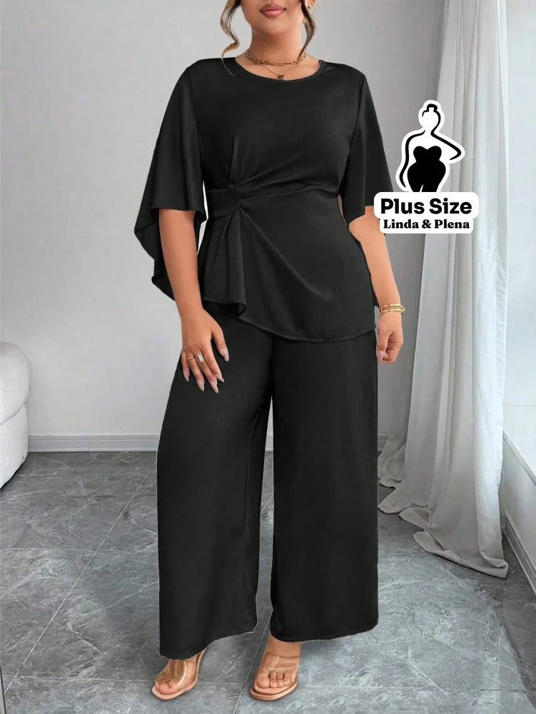 Conjunto Blusa Assimétrica Com Faixa E Calça Solta Plus Size Conjunto Blusa Assimétrica Com Faixa E Calça Solta Plus