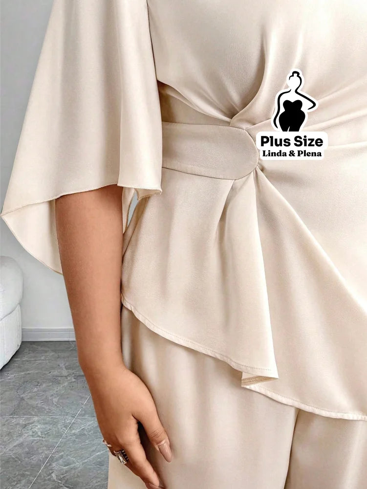 Conjunto Blusa Assimétrica Com Faixa E Calça Solta Plus Size Conjunto Blusa Assimétrica Com Faixa E Calça Solta Plus
