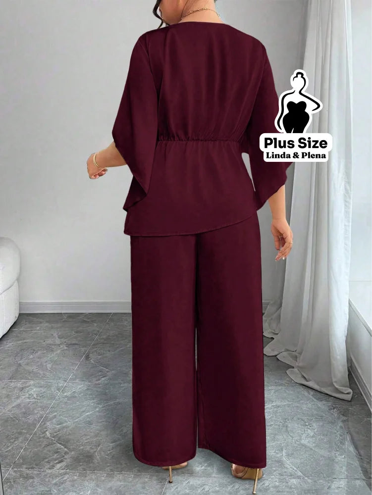 Conjunto Blusa Assimétrica Com Faixa E Calça Solta Plus Size Conjunto Blusa Assimétrica Com Faixa E Calça Solta Plus