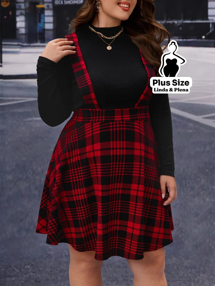 Conjunto Blusa Básica E Saia Xadrez Com Alças Plus Size Conjunto Blusa Básica E Saia Xadrez Com Alças Plus Size
