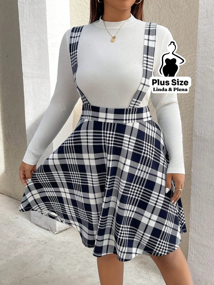 Conjunto Blusa Básica E Saia Xadrez Com Alças Plus Size Conjunto Blusa Básica E Saia Xadrez Com Alças Plus Size