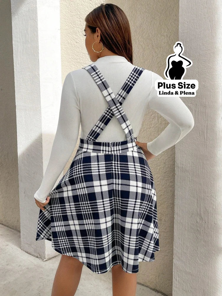 Conjunto Blusa Básica E Saia Xadrez Com Alças Plus Size Conjunto Blusa Básica E Saia Xadrez Com Alças Plus Size
