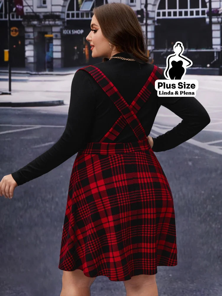 Conjunto Blusa Básica E Saia Xadrez Com Alças Plus Size Conjunto Blusa Básica E Saia Xadrez Com Alças Plus Size