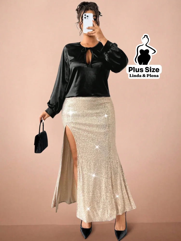 Conjunto Blusa Cetim Com Laço E Saia Brilhante Fenda Plus Size Conjunto Blusa Cetim Com Laço E Saia Brilhante Fenda